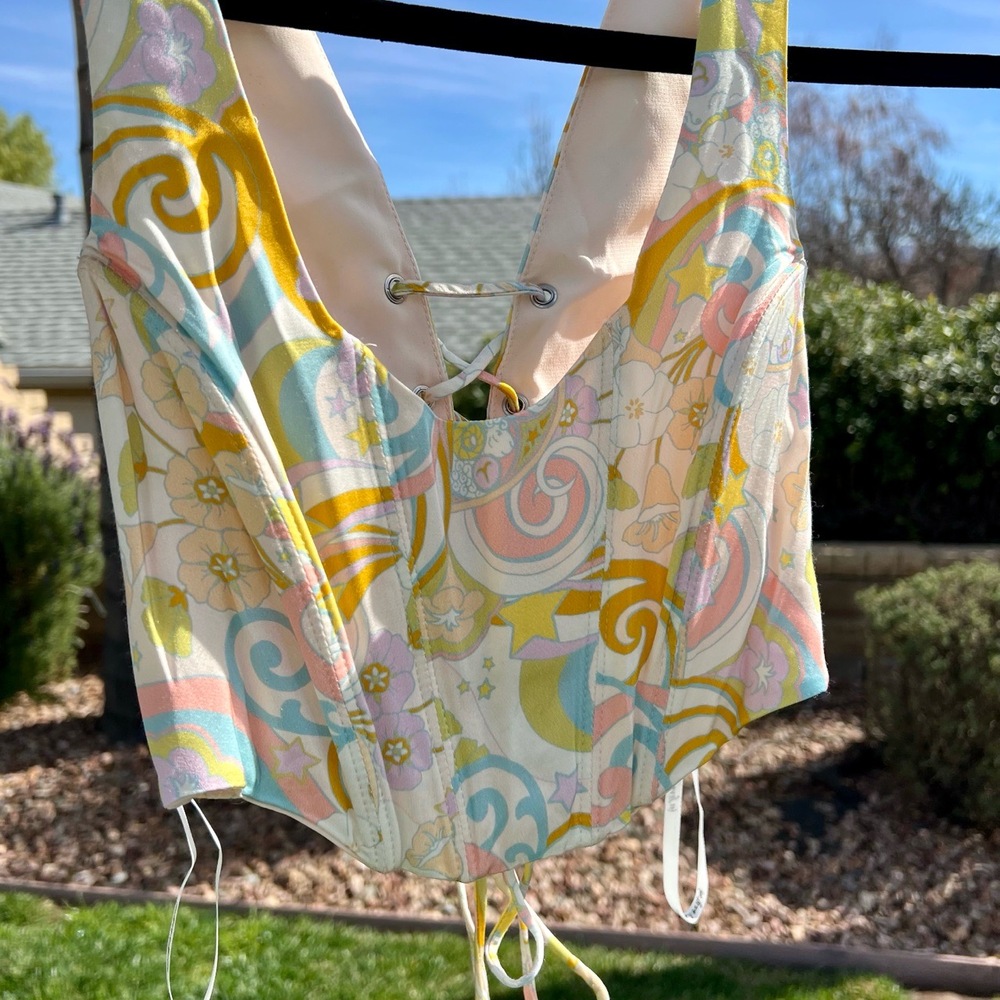 For Love & Lemons Nomi Top in Yellow Multi Corset Bustier Crop Size Small NWOT - Picture 3 of 7